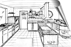 Persepektiv-Zeichnung einer Küche von Hand